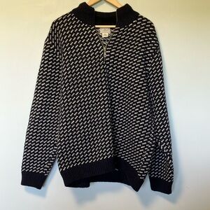 L.L. Bean Navy and White 100% Wool Quarter Zip Sweater